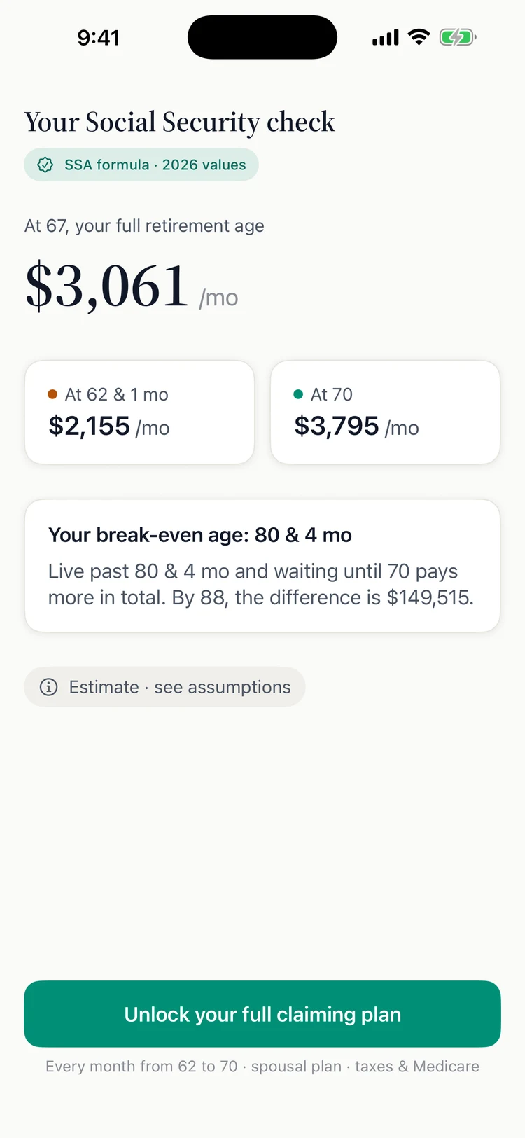 The Whenwise reveal screen showing an estimated Social Security check at ages 62, 67, and 70